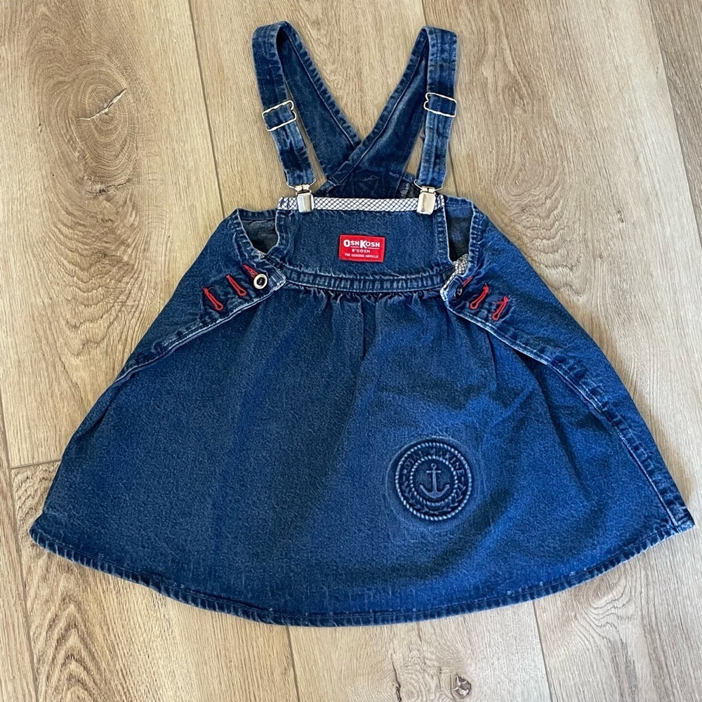 OshKosh Girls Vintage Skirtall Overall Denim Blue Nautical Logo 5T